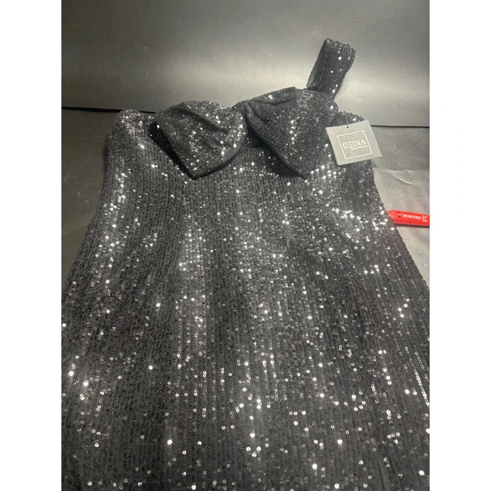 IEENA FOR MAC DUGGAL 11286 Black Sequin One Shoulder Bow‎ Midi Dress 12 NEW